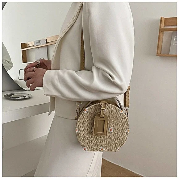 Daisy Flower Embroidered Round Straw Crossbody Bag in Khaki - Picture 4 of 9